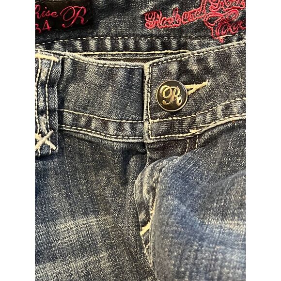 ROCK AND ROLL COWGIRL LOW RISE DISTRESSED BOOTCUT WESTERN BLING RODEO JEANS - Picture 7 of 14
